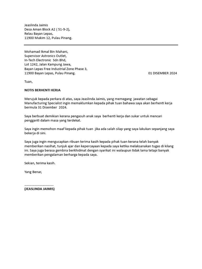 Notis Berhenti Kerja Pdf