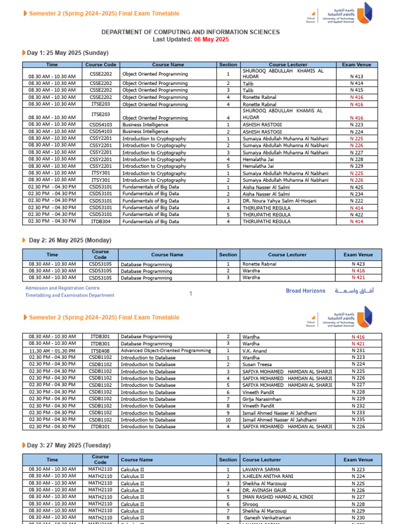 IT Semester 2 (Spring 2024-2025) Final Exam Timetable - Updated May 6 ...
