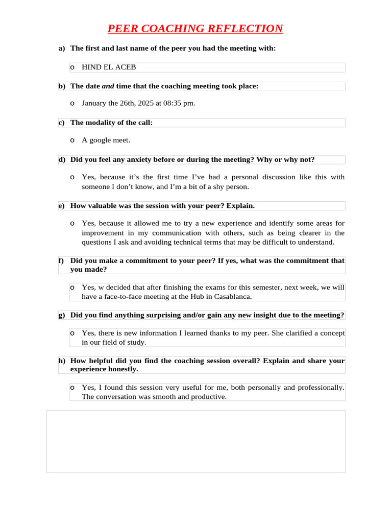 Peer Coaching Reflection Summary | PDF