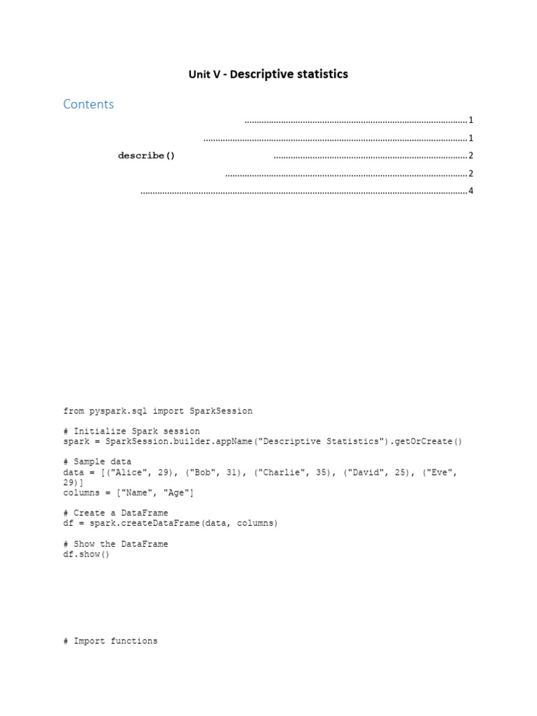 Spark SQL Descriptive Statistics Guide | PDF | Apache Spark | Quantile