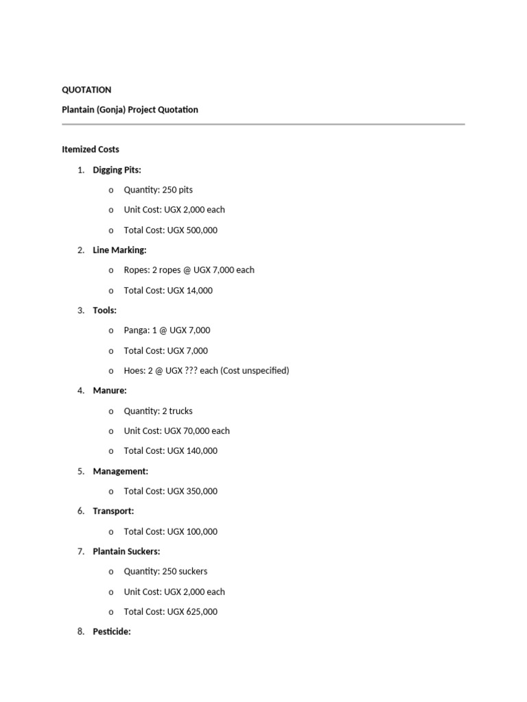 Plantain Project Quotation Breakdown | PDF