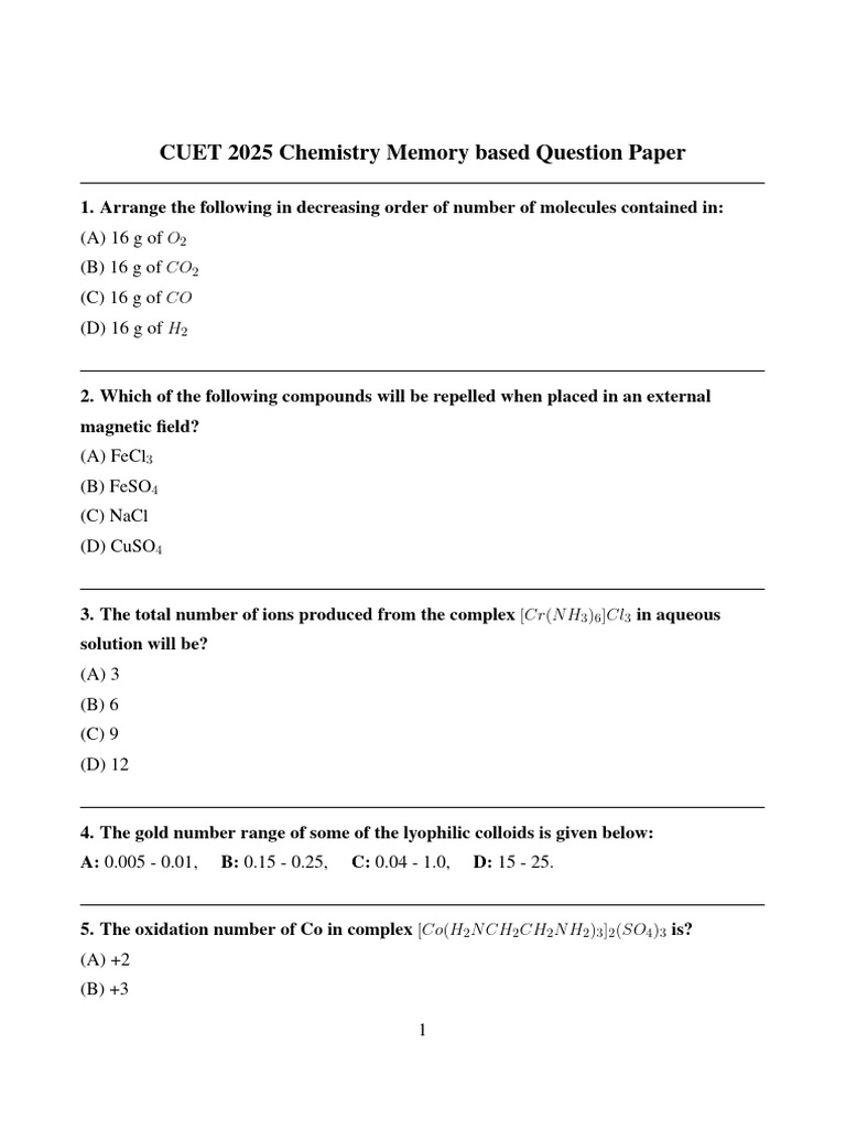CUET 2025 Chemistry Question Paper | PDF