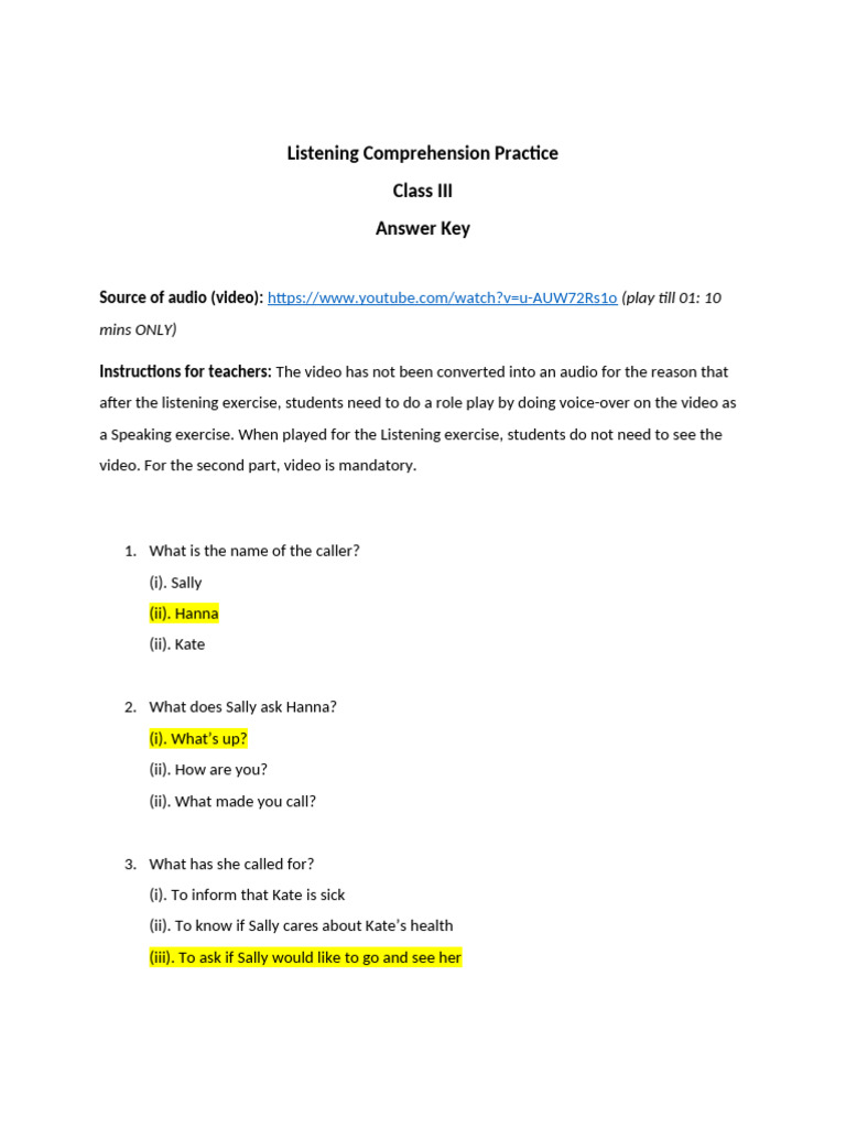 Listening Comprehension Answer Key | PDF