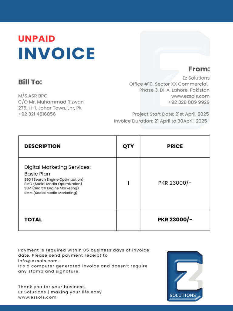 Digital Marketing Invoice for ASR BPO | PDF