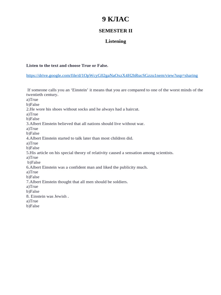 Semester Ii Listening: Listen To The Text and Choose True or False | PDF