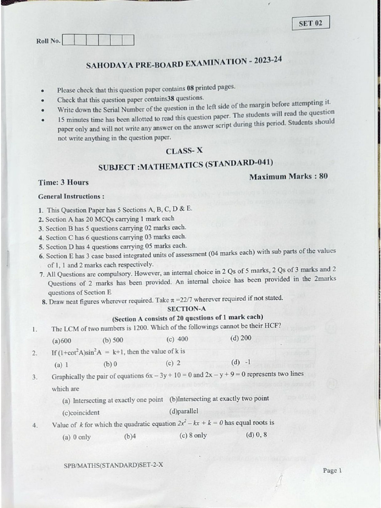0 - Mathematics Sahodaya Pre-Board Set-2 | PDF