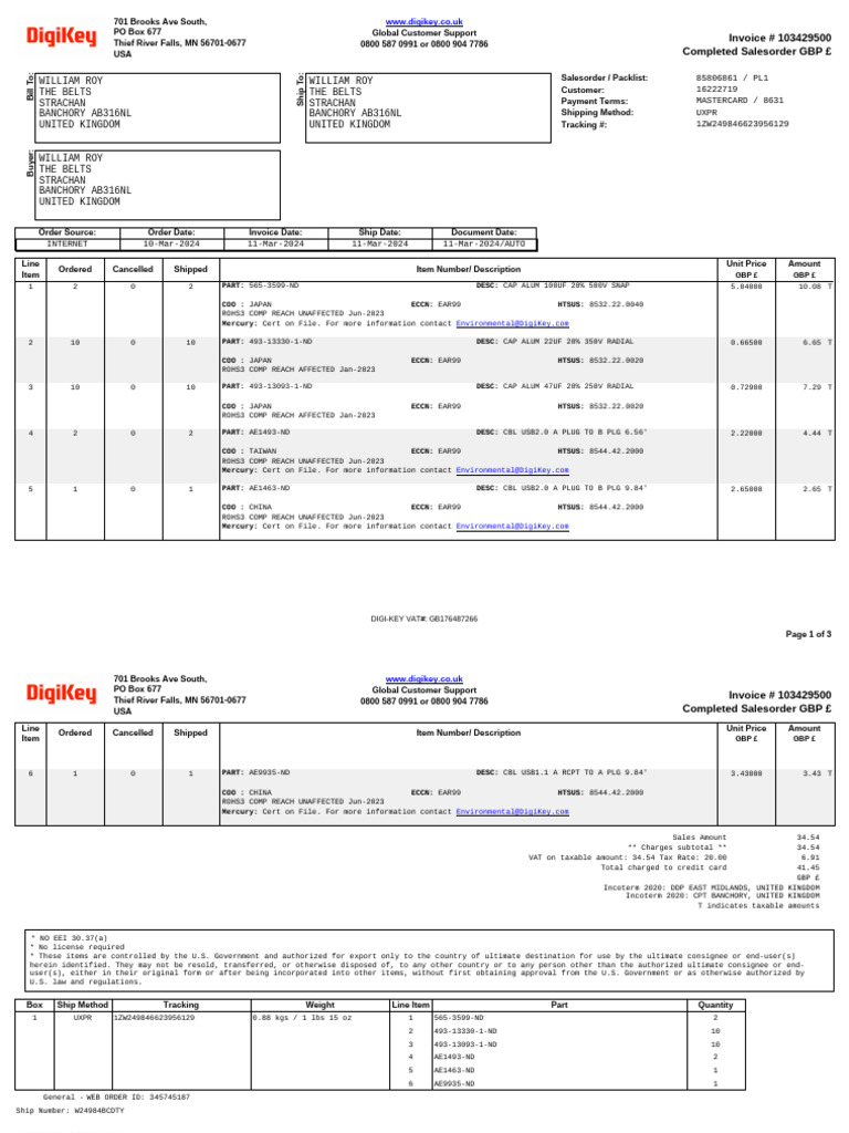 Digi-Key Invoice #103429500 Summary | PDF | Invoice | Value Added Tax
