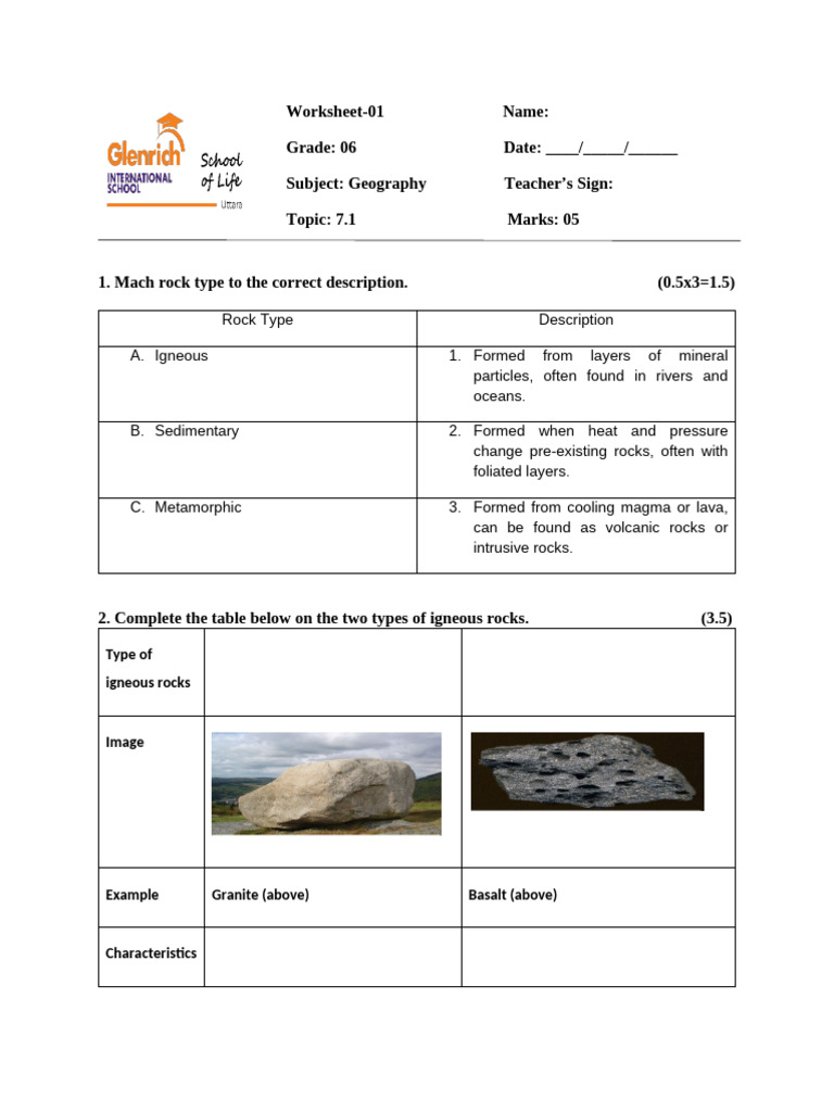Grade 6 Geography Rock Types Worksheet | PDF
