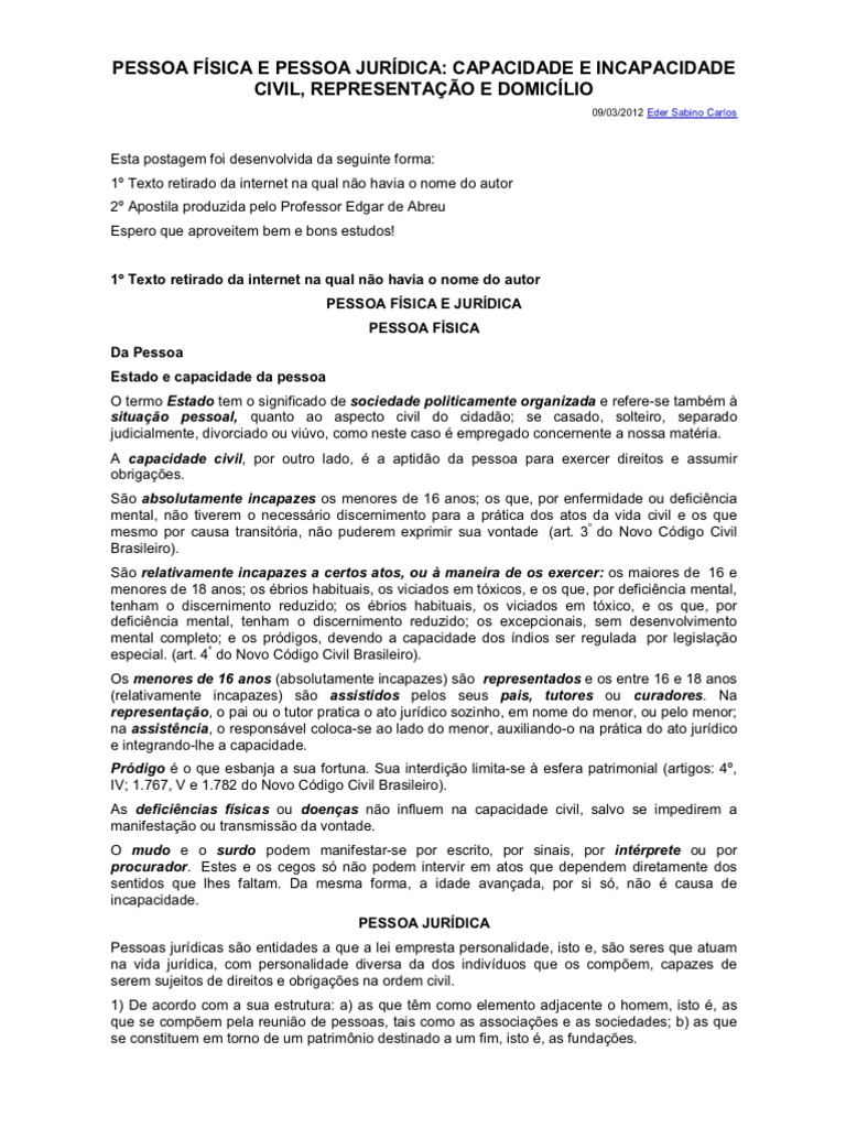 Pessoas Físicas e Jurídicas | PDF | Domicílio (jurídico) | Justiça