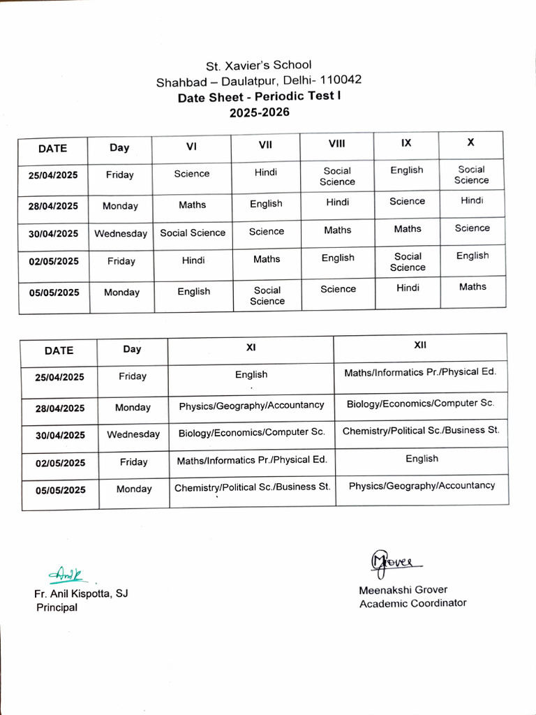 St. Xavier's School Periodic Test I Dates | PDF