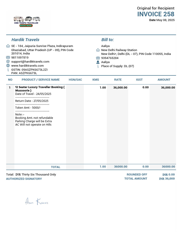 Invoice for Luxury Traveller Booking | PDF