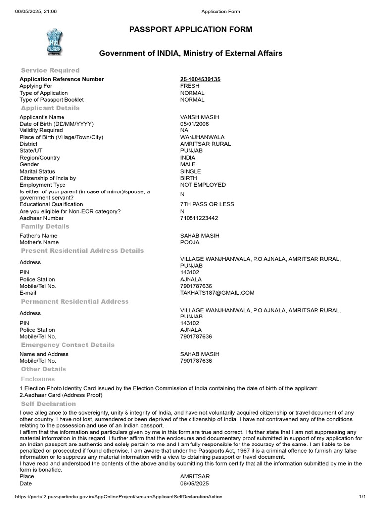 Application Form VIEW VANSH MASIH | PDF | Passport | Identity Document