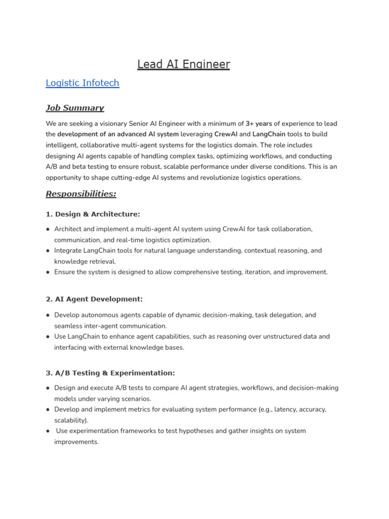 JD - Lead AI Engineer - Logistic Infotech | PDF | Artificial ...