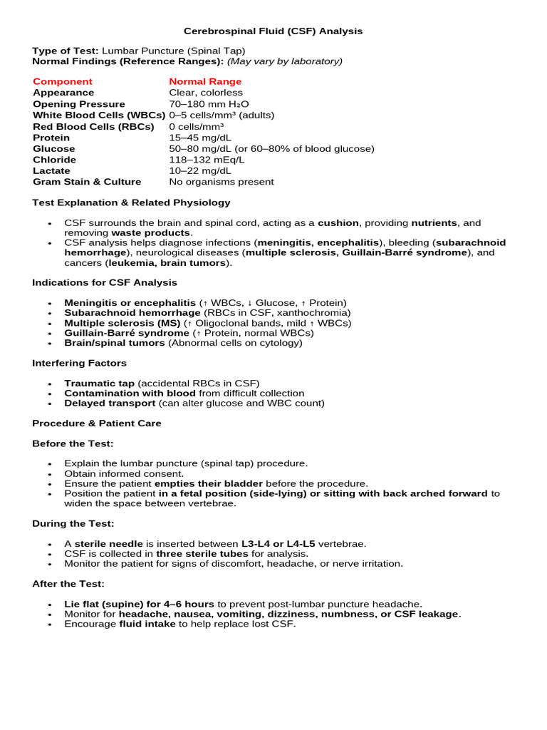 CSF Analysis: Procedure and Findings | PDF