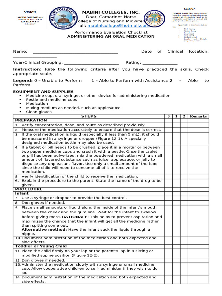Oral Medication Administration Checklist | PDF | Tablet (Pharmacy ...