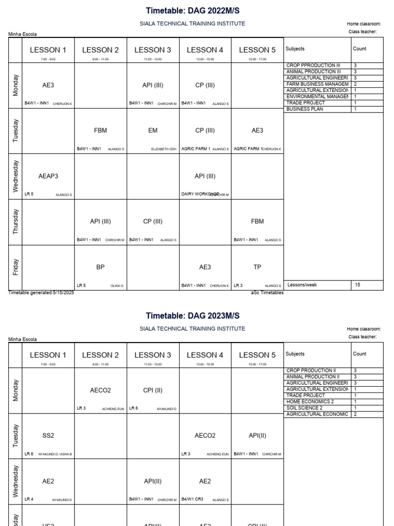 Siala Technical Institute Timetable 2025 | PDF | Agriculture | Food ...