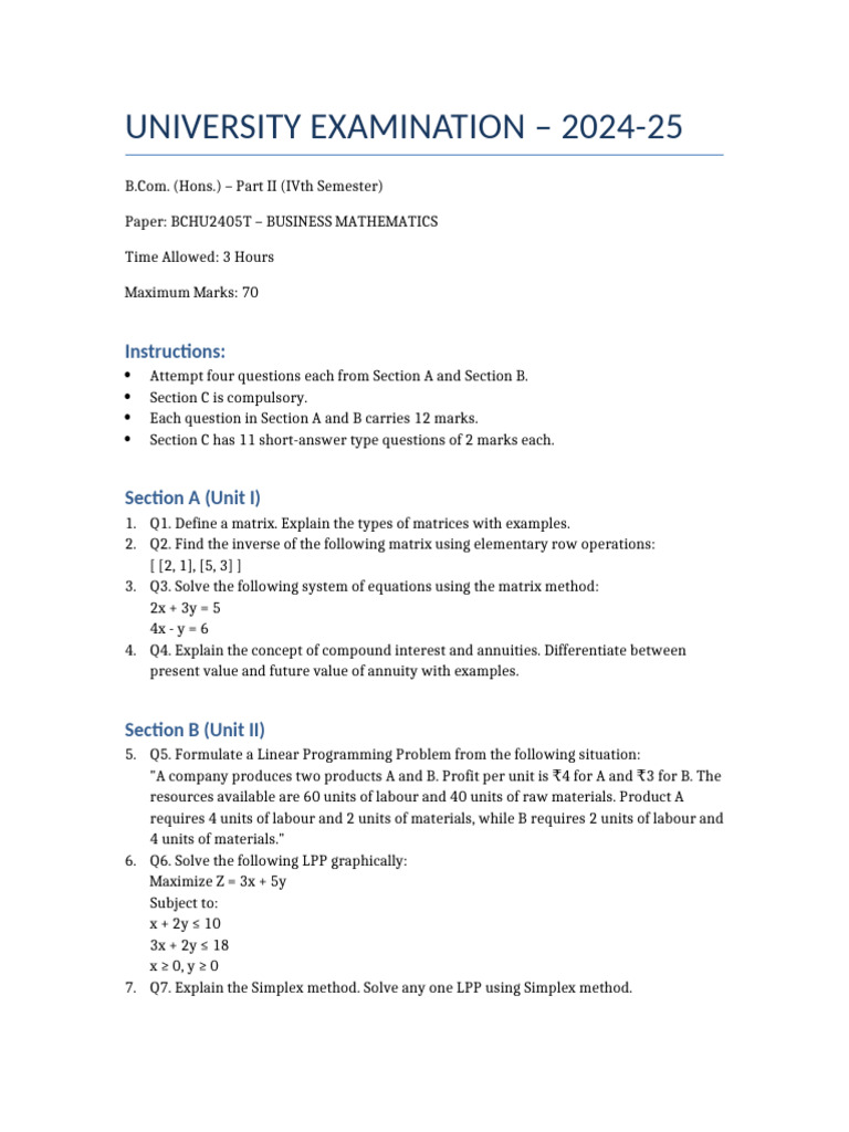 Business Mathematics Question Paper | PDF
