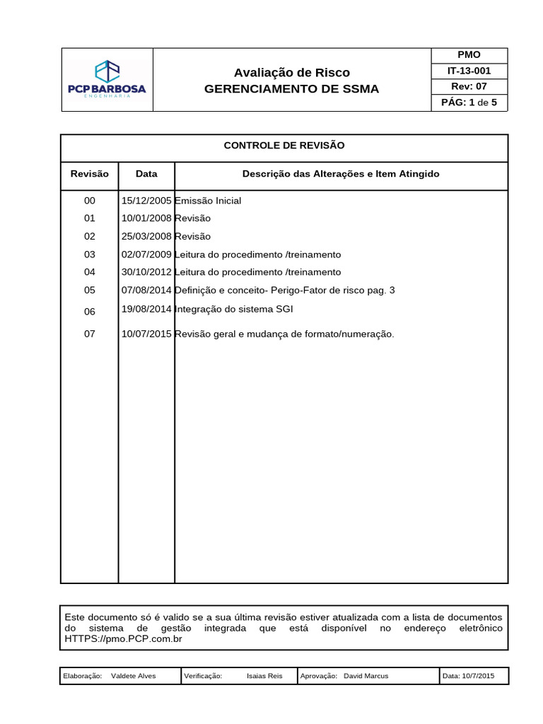 Avalia o De Risco Em SSMA PDF Risco Fator De Risco