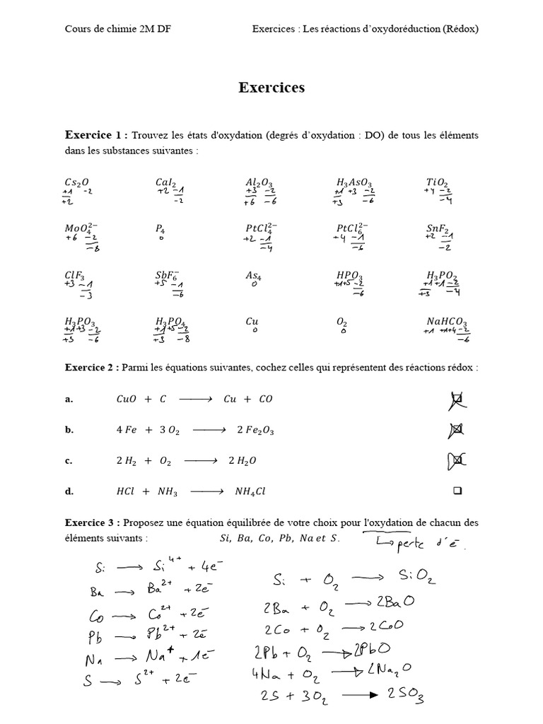 Exercices sur les réactions rédox en chimie | PDF | Réaction d ...