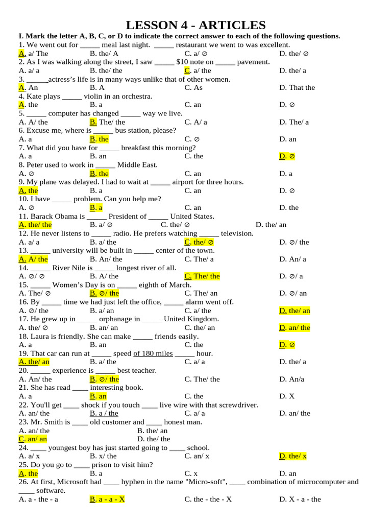 Articles Practice Questions | PDF