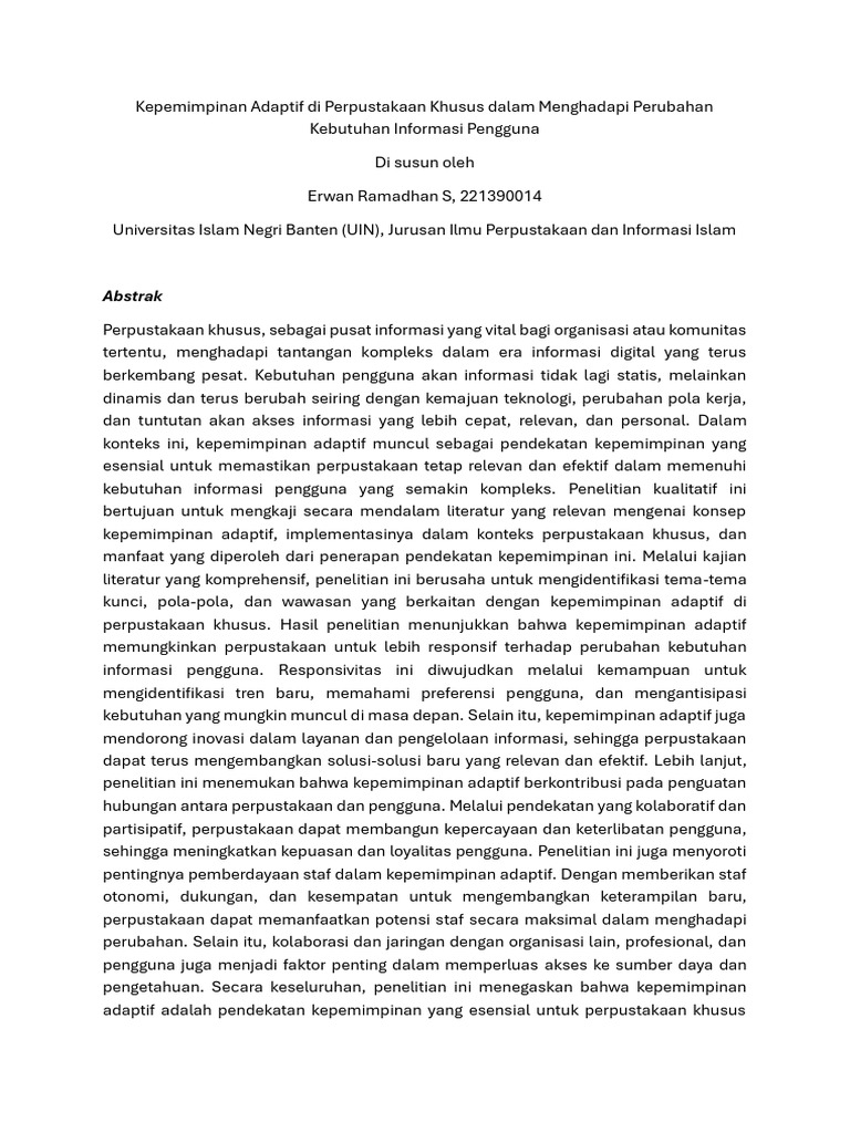 Kepemimpinan Adaptif di Perpustakaan Khusus | PDF