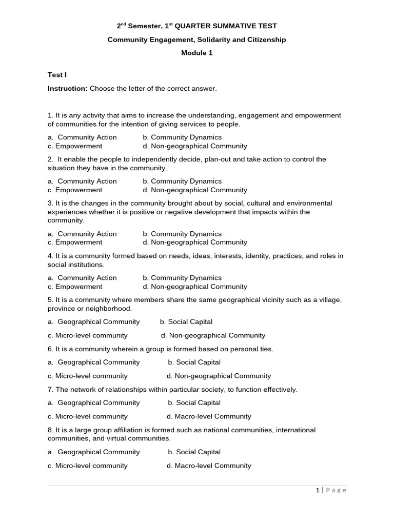 2nd Sem Summative Test 1 | PDF | Community | Social Capital