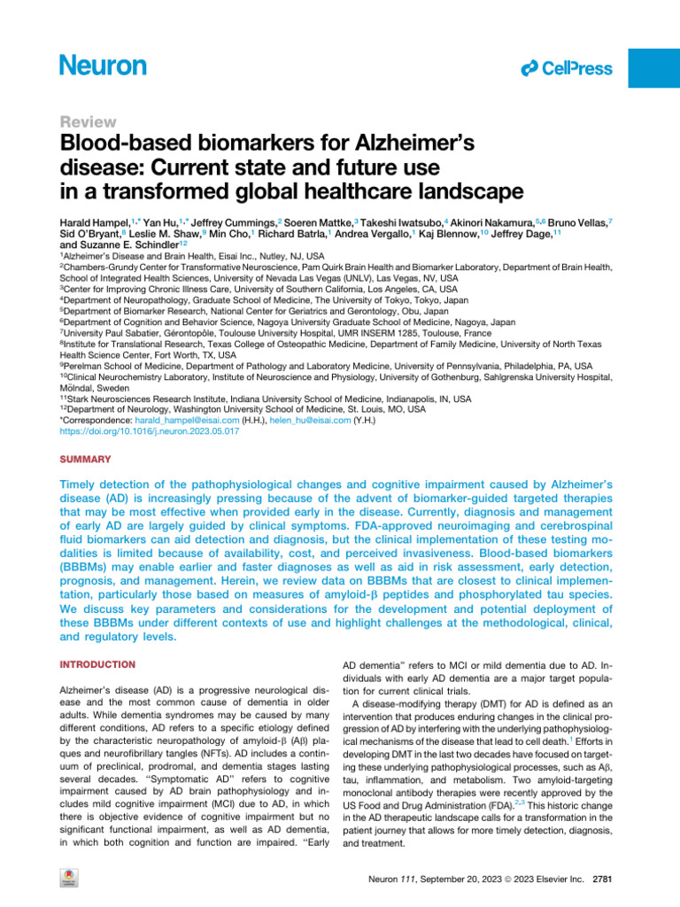 Blood Biomarkers for Alzheimer's Detection | PDF | Clinical Medicine ...