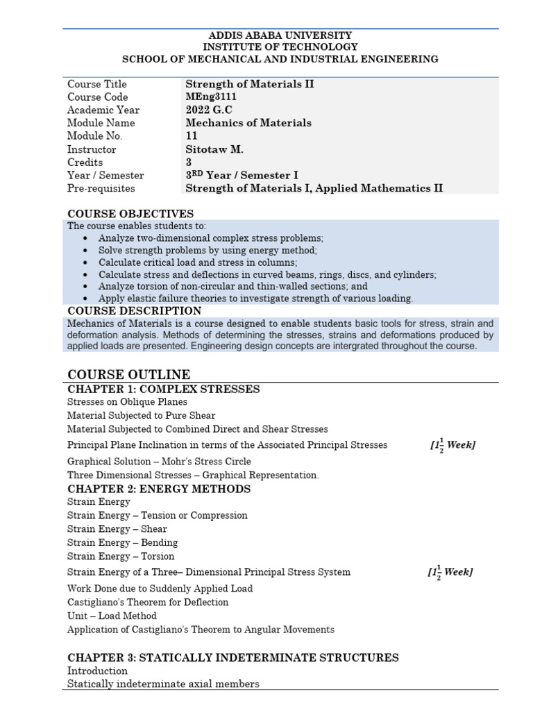 Mechanics of Materials II Course Overview | PDF | Strength Of Materials ...