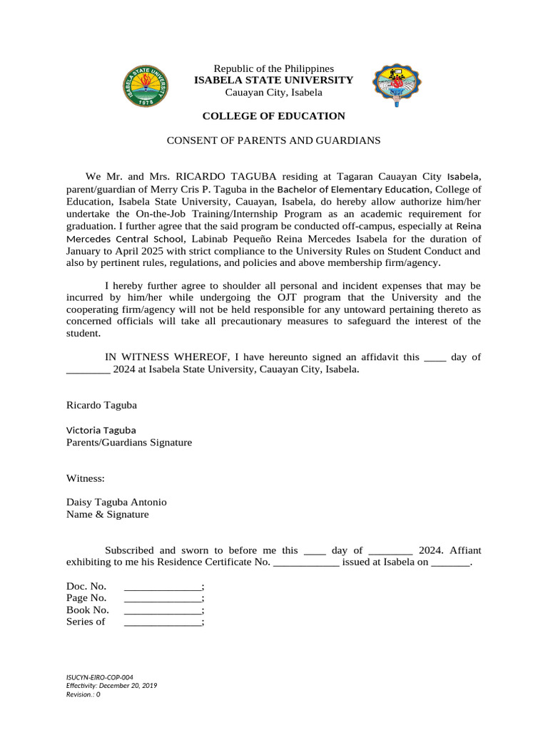 Parent Consent for OJT at ISU | PDF