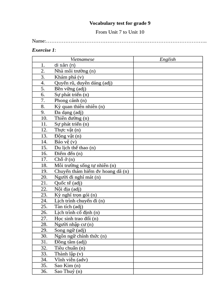 Vocabulary Test For Grade 9 Pdf