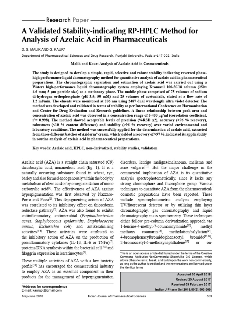 HPLC Method for Azelaic Acid Analysis | PDF | High Performance Liquid ...