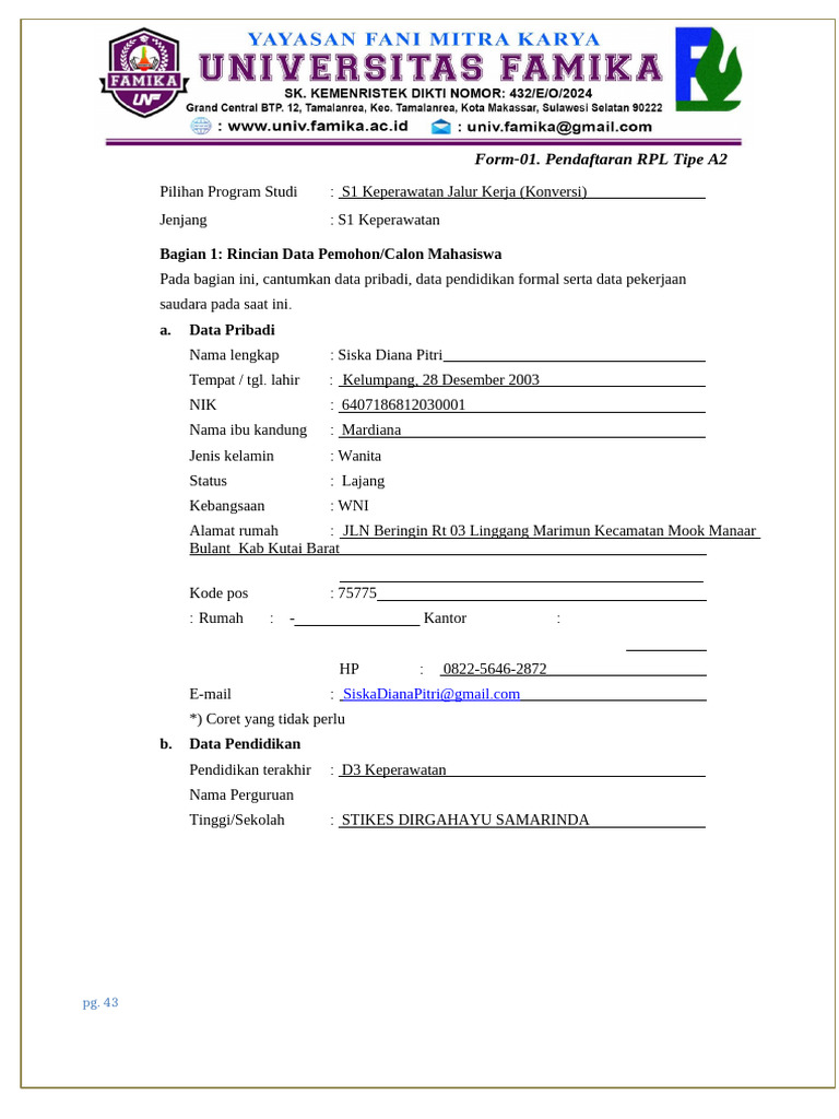 Pendaftaran RPL S1 Keperawatan A2 | PDF