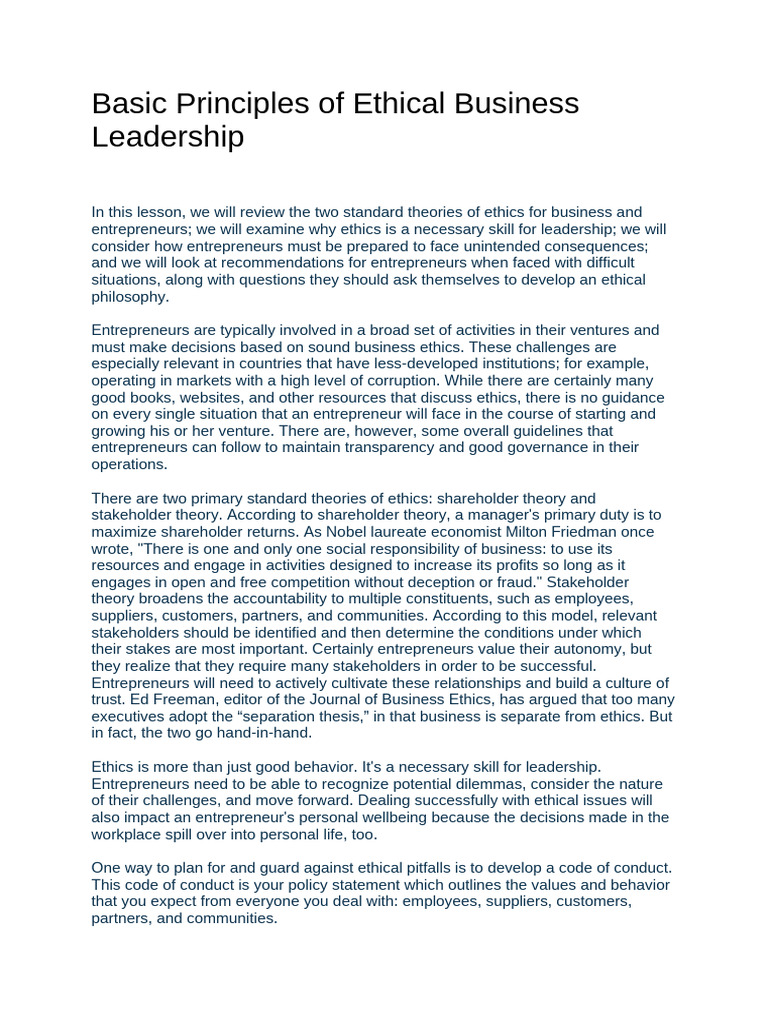 Ethical Principles for Entrepreneurs | PDF | Business Ethics ...