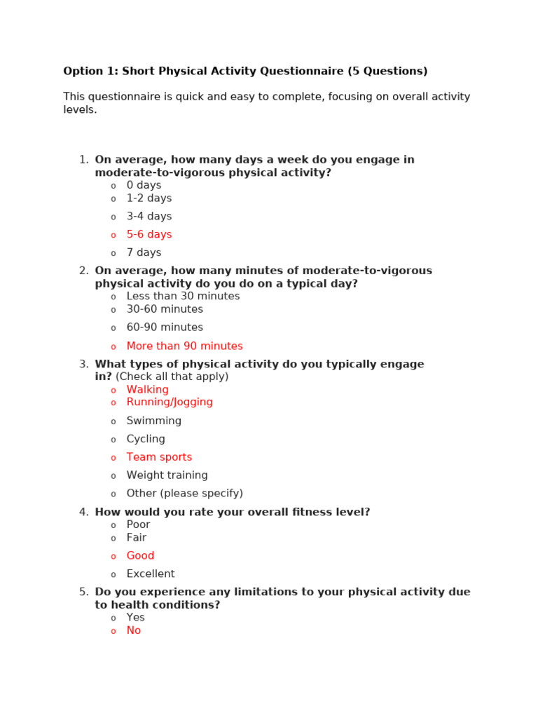 Physical Activity Questionnaire Options | PDF | Determinants Of Health