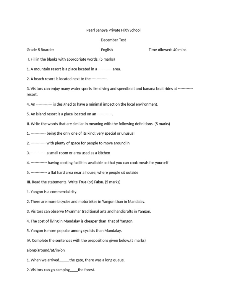 Grade 8 Boarder Dec Test | PDF
