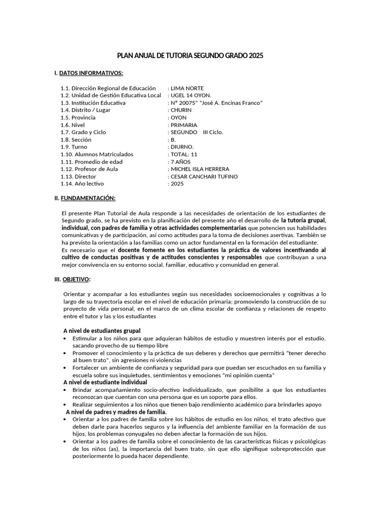 Plan Anual de Tutoría 2° Grado 2025 | PDF | Salón de clases | Maestros