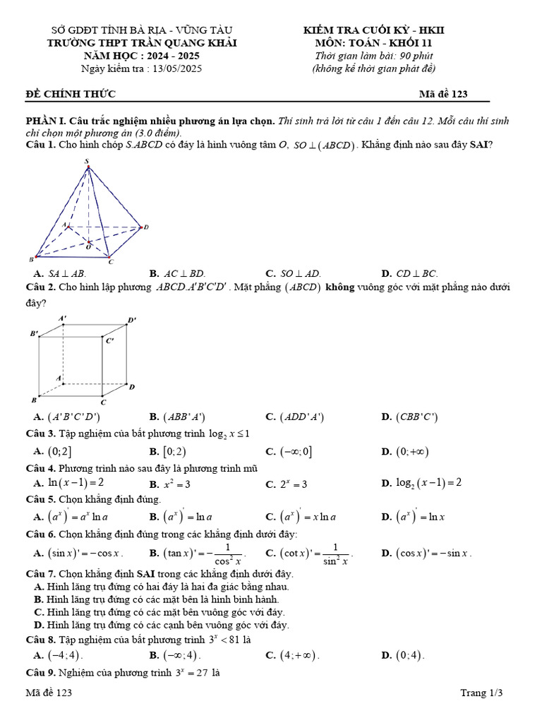 De Cuoi Ky 2 Toan 11 Nam 2024 2025 Truong THPT Tran Quang Khai BR VT | PDF