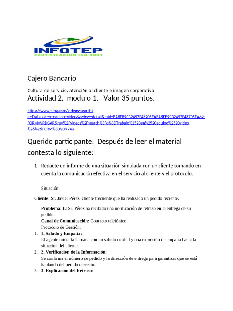 Actividad 2, Modulo 1. Cajero Virtual 2025 | PDF | Servicio al Cliente ...