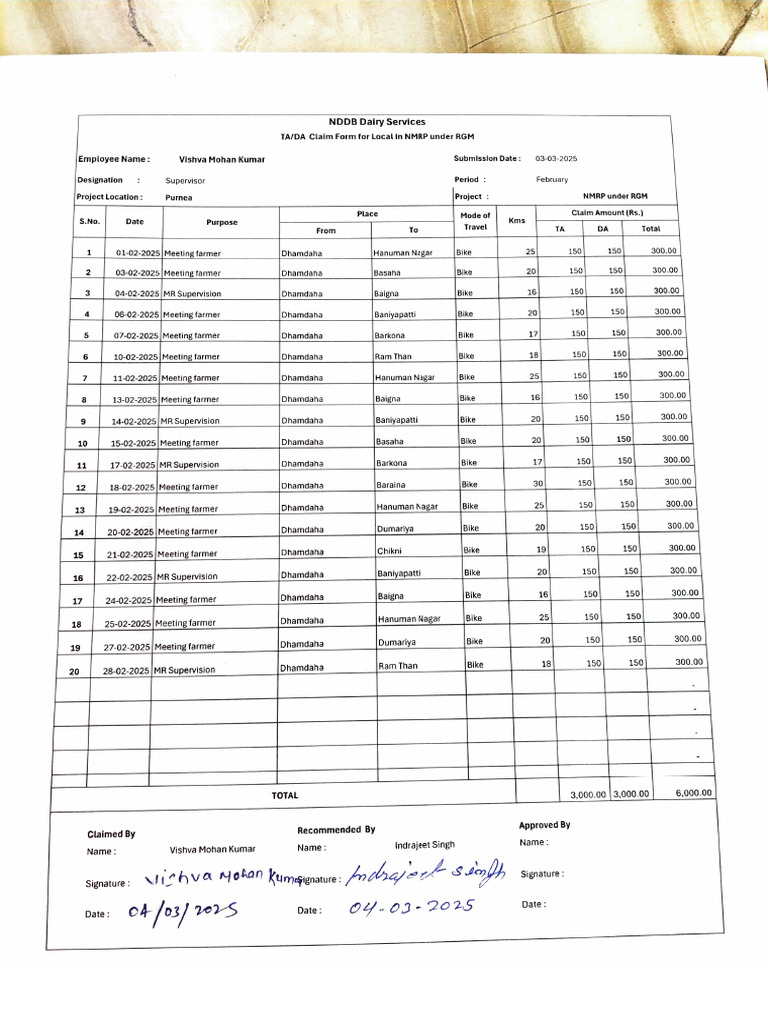 TA/DA Claim Form for NMRP Project | PDF