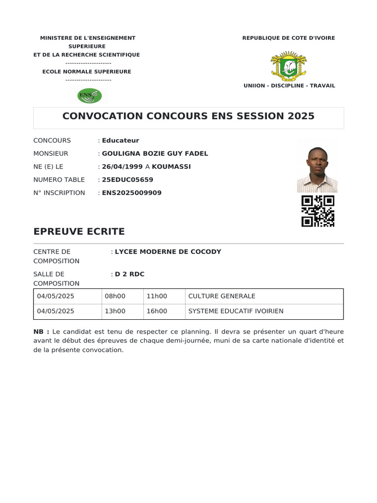 Convocation Concours ENS 2025 | PDF