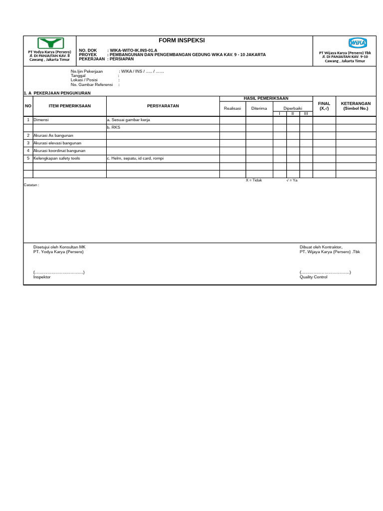 Form Inspeksi Proyek WIKA KAV. 9-10 | PDF