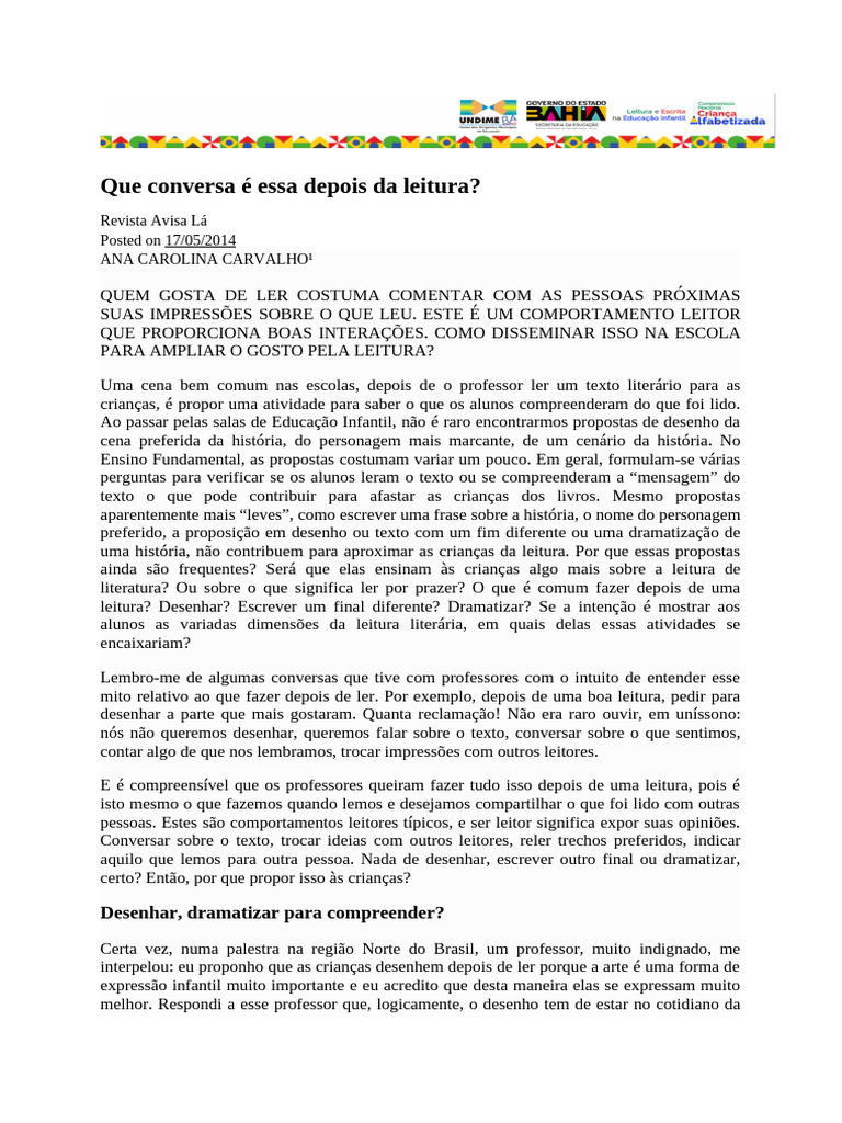 Conversas sobre Leitura na Escola | PDF | Pensamento | Experiência