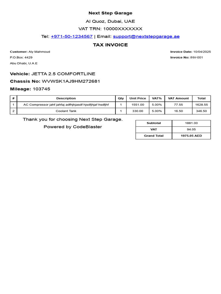 Tax Invoice for Vehicle Service in Dubai | PDF