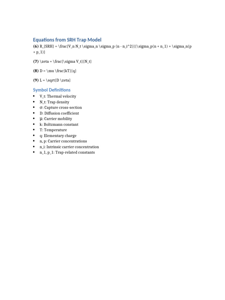 SRH Trap Model Equations and Definitions | PDF