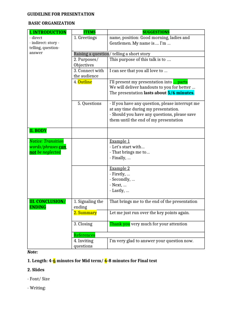 Guideline For Presentation | PDF | Question | Communication