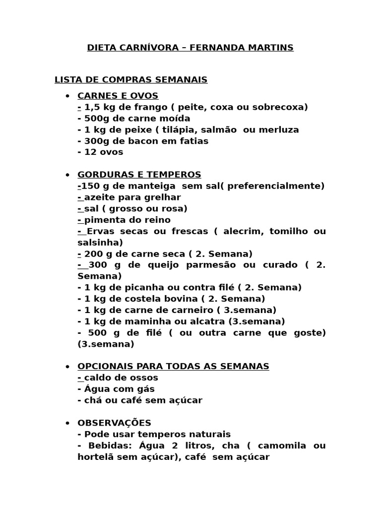Cardápio Semanal da Dieta Carnívora | PDF