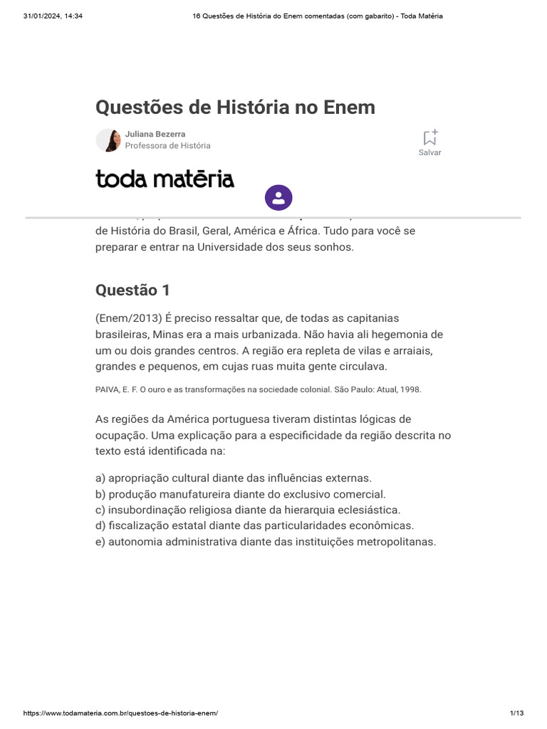 16 Questões de História do Enem com Gabarito | PDF | Cidadania ...