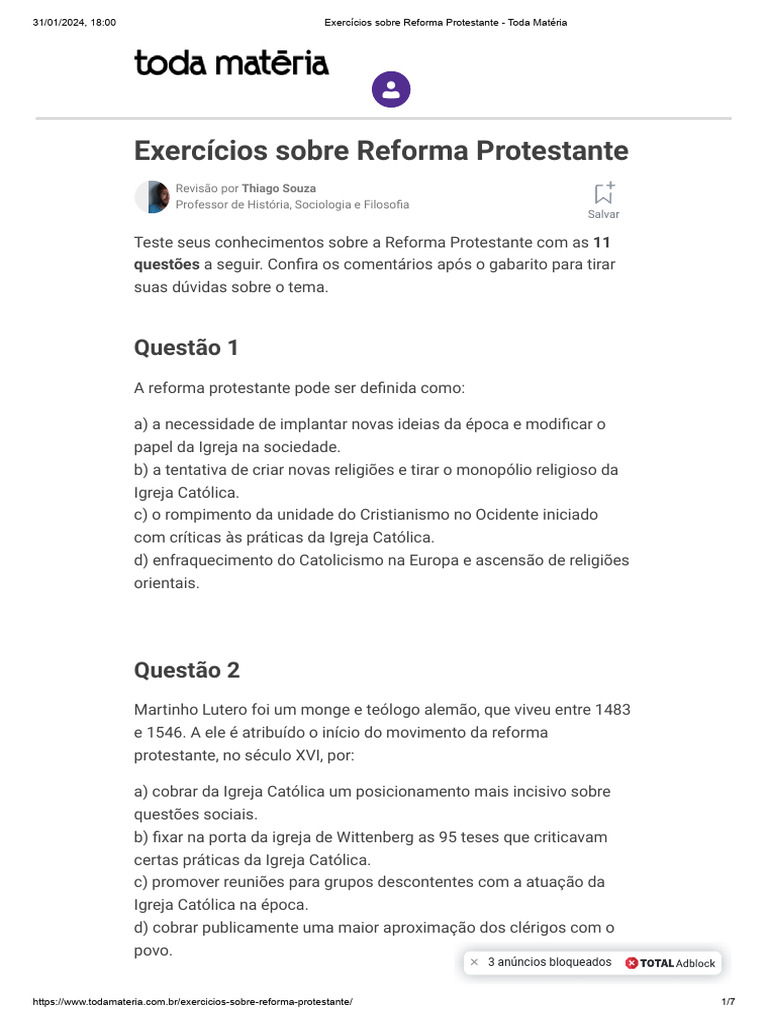 Exercícios sobre Reforma Protestante | PDF | Protestantismo ...
