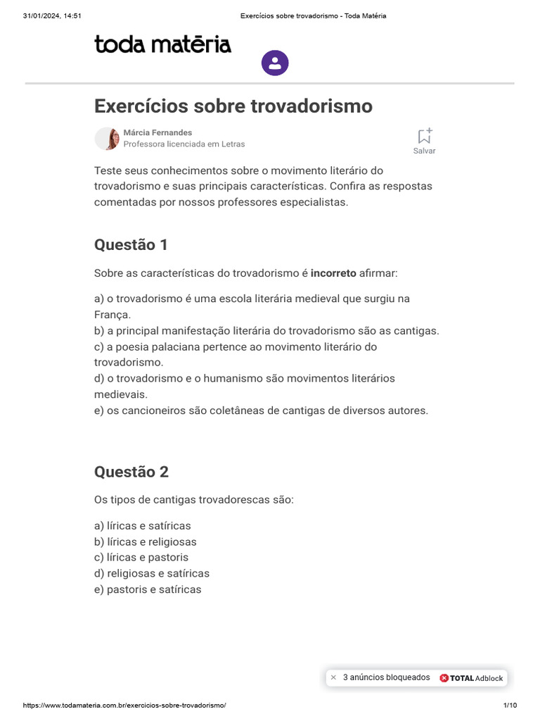 Exercícios Sobre Trovadorismo - Toda Matéria | PDF