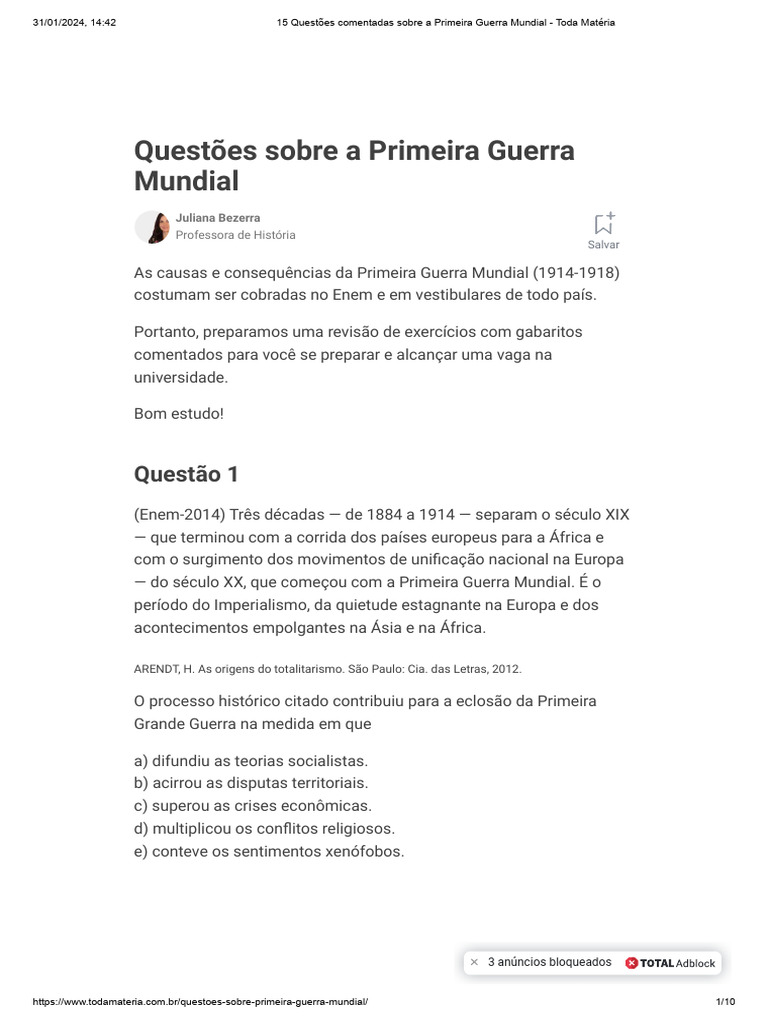 Questões Comentadas: Primeira Guerra Mundial | PDF | Primeira Guerra ...
